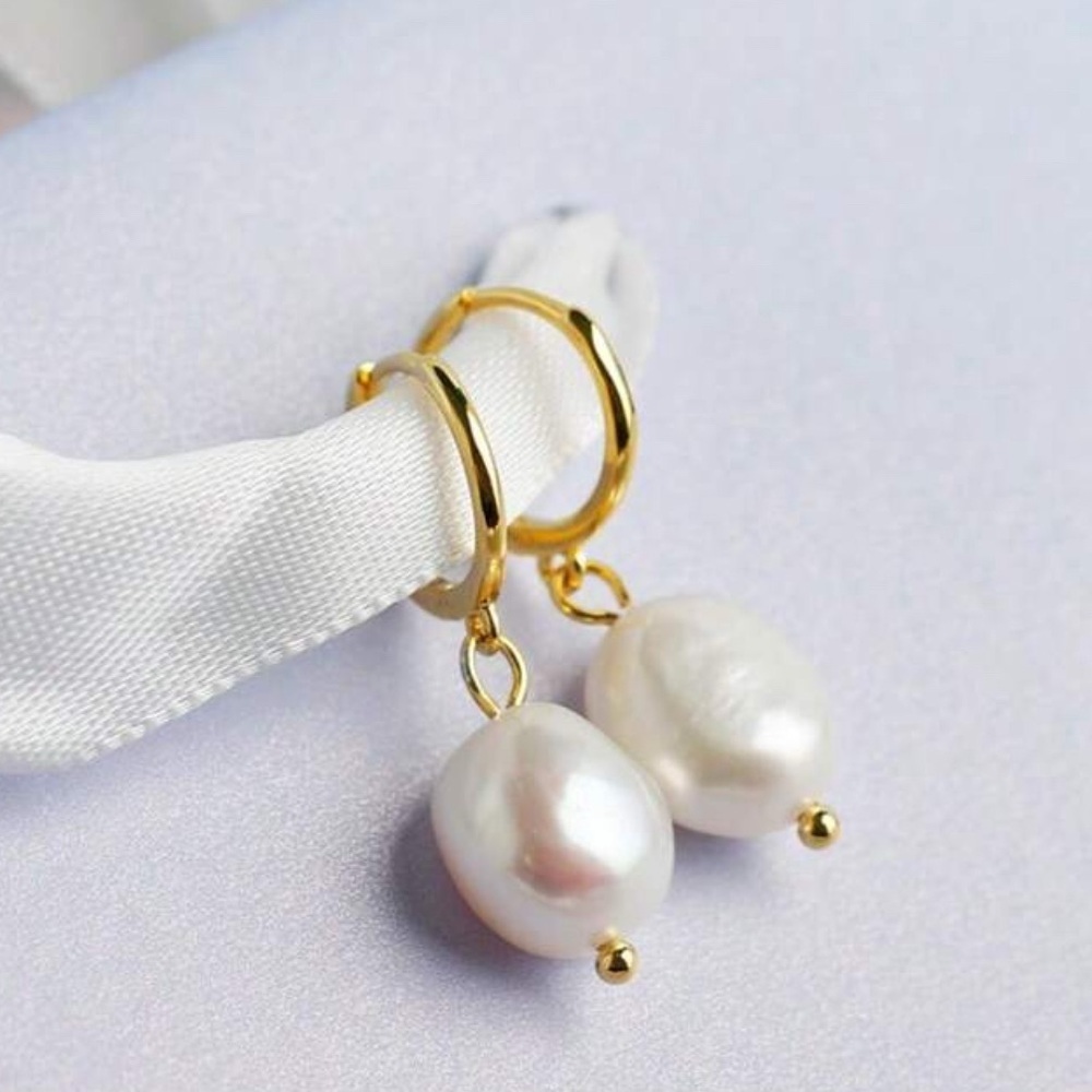 Pearl Drop Hoop Earrings Round Pearl Dangle Minimalist Jewelry - Picture 3 of 8